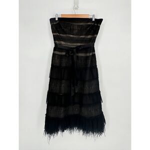 BCBG Maxazria Strapless Feather Trim Cocktail Dress Tiered Black Women's 12